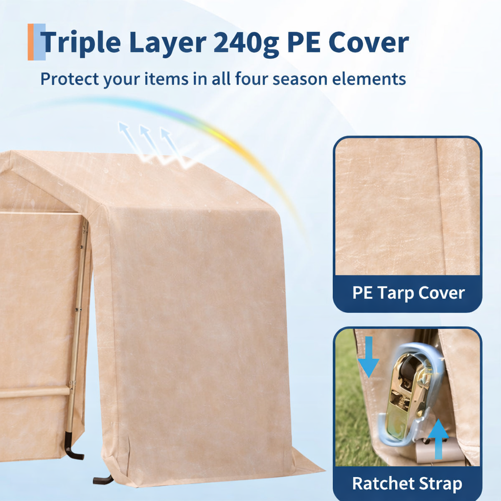 Garvee 6x6FT Outdoor Portable Storage Shed with Roll-Up Door & Vent, 240G Heavy-Duty Shelter Waterproof PE Tarp, UV-Resistant Storage Sheds for Motorcycle, Firewood, Garden and Tools, Khaki