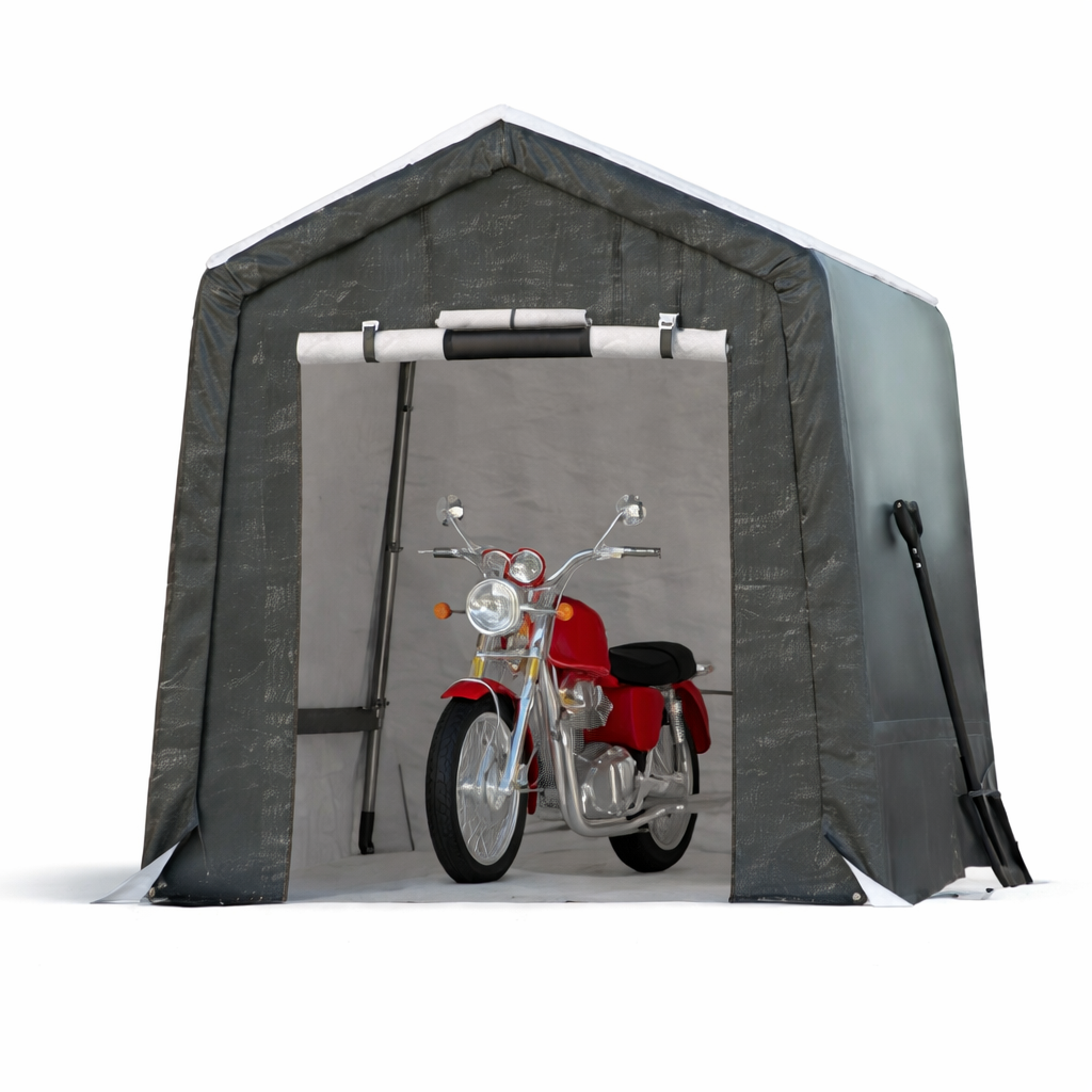 Garvee 6x6FT Gray Outdoor Portable Storage Shed with Roll-Up Door & Vent, 240G Heavy-Duty Shelter Waterproof PE Tarp, UV-Resistant Storage Sheds for Motorcycle, Firewood, Garden and Tools,