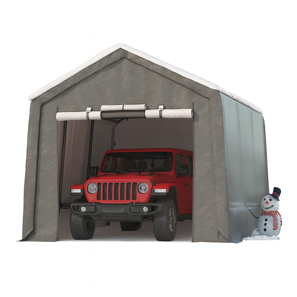 Garvee 7x15FT Outdoor Portable Storage Shed with 2 Roll-Up Doors, Vents, 240G Waterproof PE Tarp, UV-Resistant, Galvanized Steel Frame, Mesh Windows, Gray
