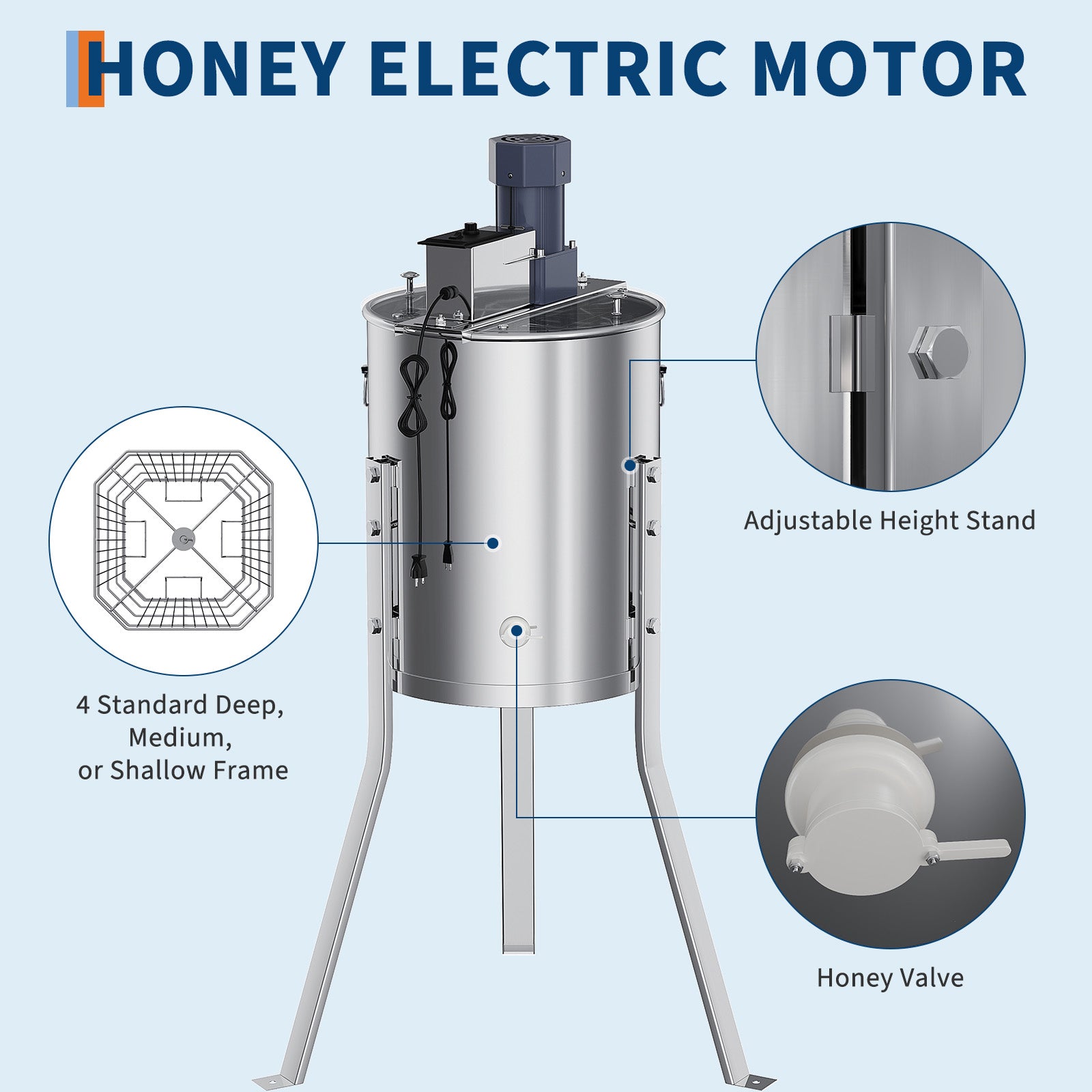 Garvee Upgraded 4 Frame Electric Honey Extractor with Side Handles, 140W Motor & Variable Speed 1300 RPM, Stainless Steel Beekeeping Equipment with Safety Auto-Stop Lid