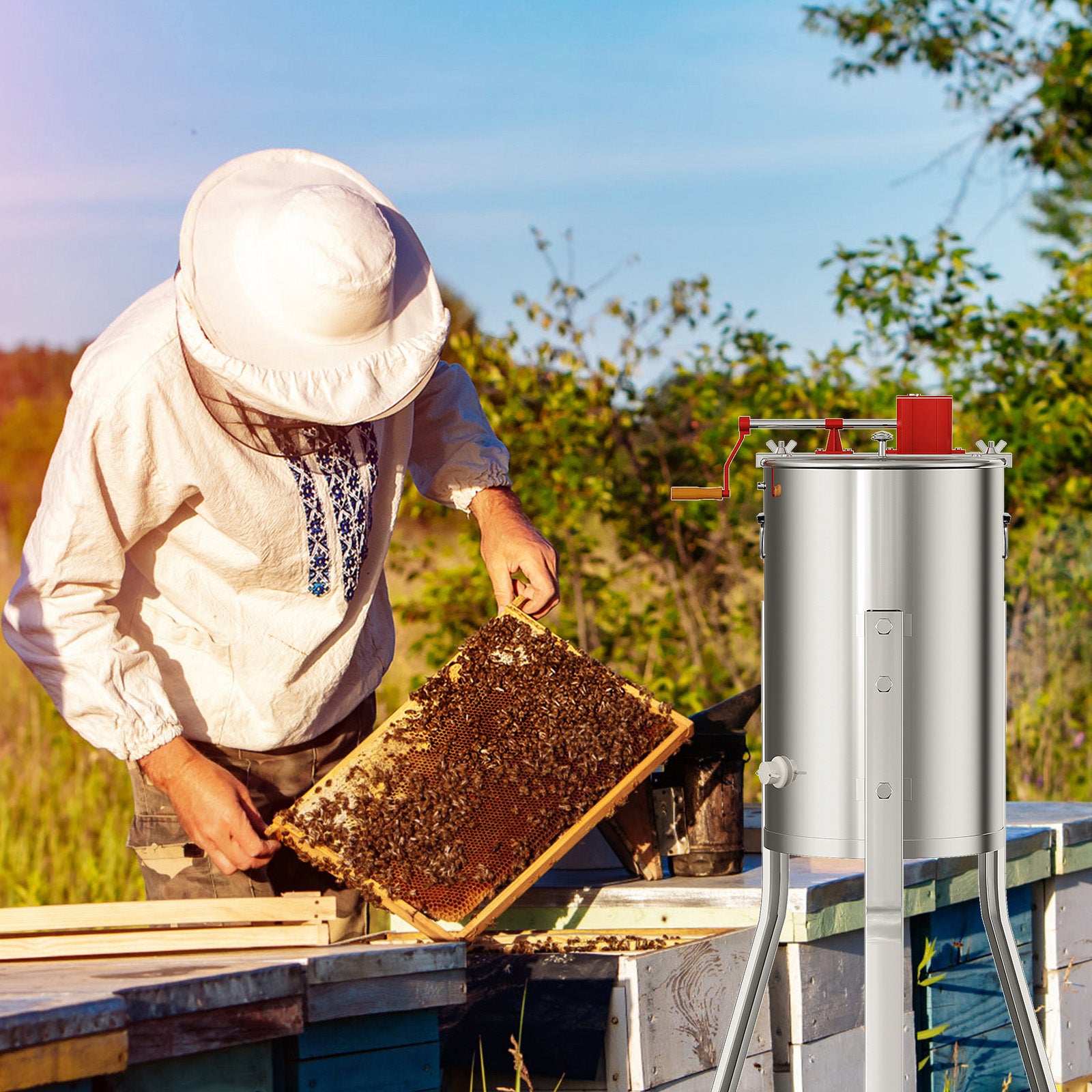 Garvee Upgraded 2/4 Frame Manual Honey Extractor with Side Handles, Food-Grade Stainless Steel Beekeeping Extractor with Adjustable Stand