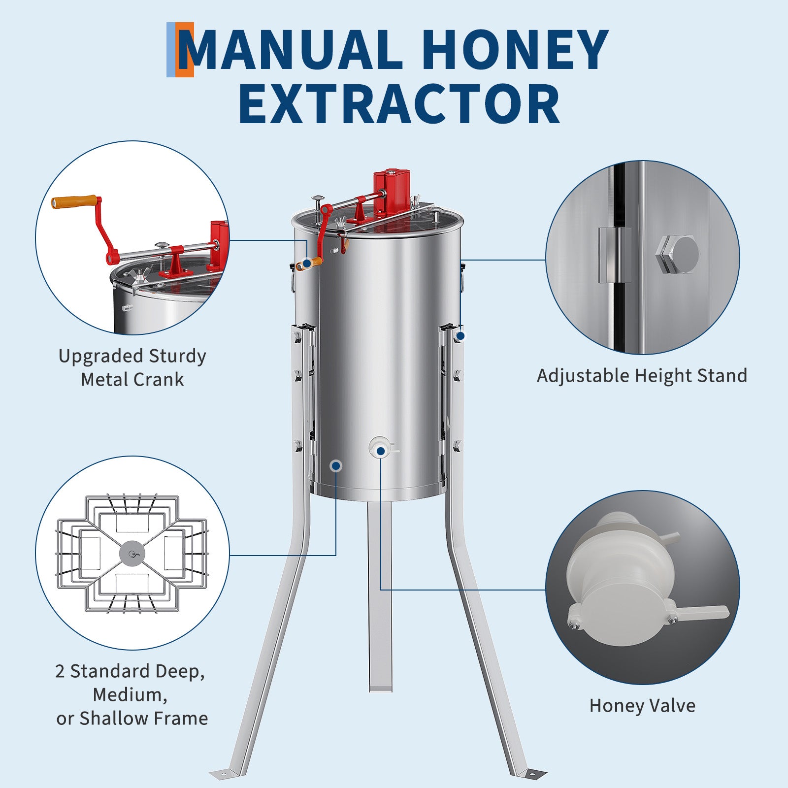 Garvee Upgraded 2/4 Frame Manual Honey Extractor with Side Handles, Food-Grade Stainless Steel Beekeeping Extractor with Adjustable Stand
