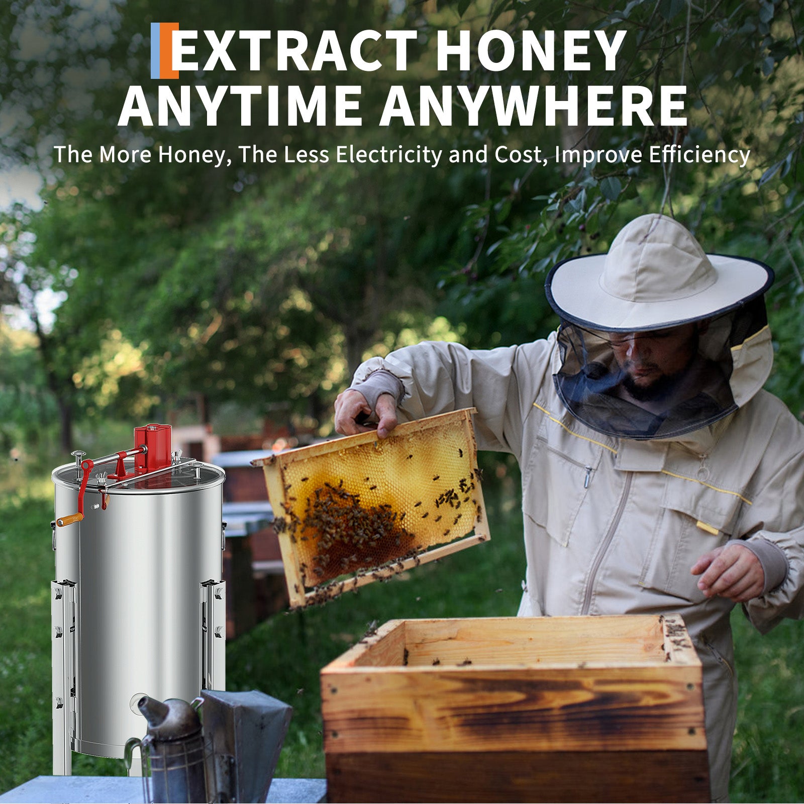 Garvee Upgraded 2/4 Frame Manual Honey Extractor with Side Handles, Food-Grade Stainless Steel Beekeeping Extractor with Adjustable Stand