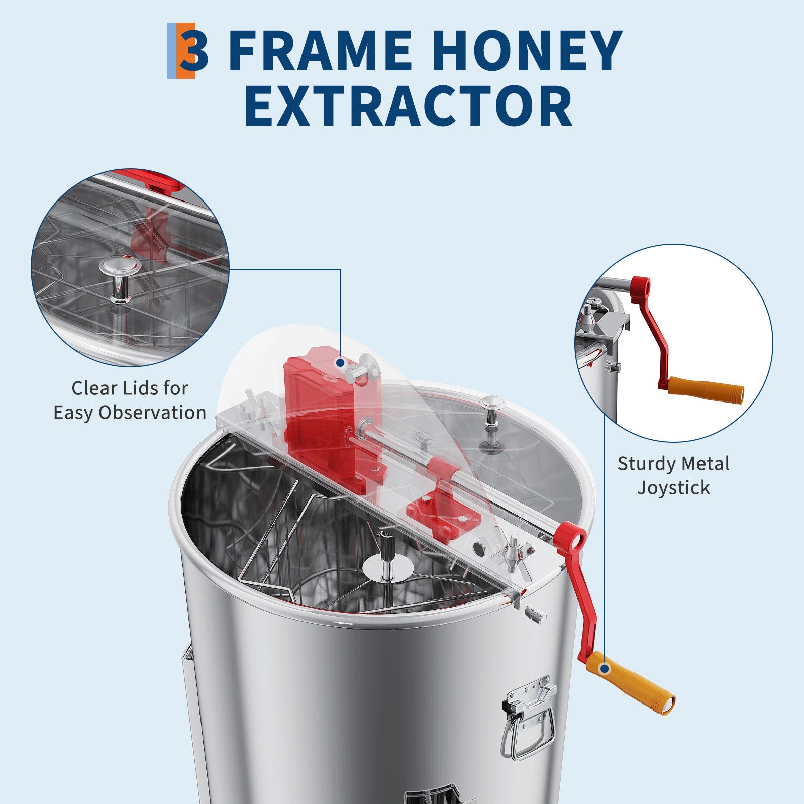 Garvee Upgraded 3 Frame Manual Honey Extractor with Side Handles, Food-Grade Stainless Steel Beekeeping Extractor with Adjustable Stand and Transparent Lid