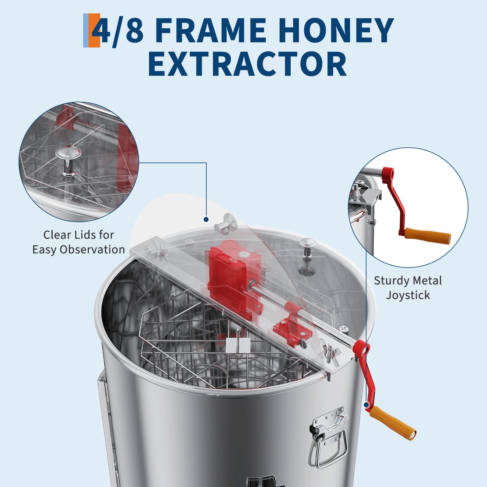 Garvee Upgraded Manual 4/8 Frame Honey Extractor with Side Handles, Food-Grade Stainless Steel Beekeeping Extractor with Adjustable Stand and Clear Lid