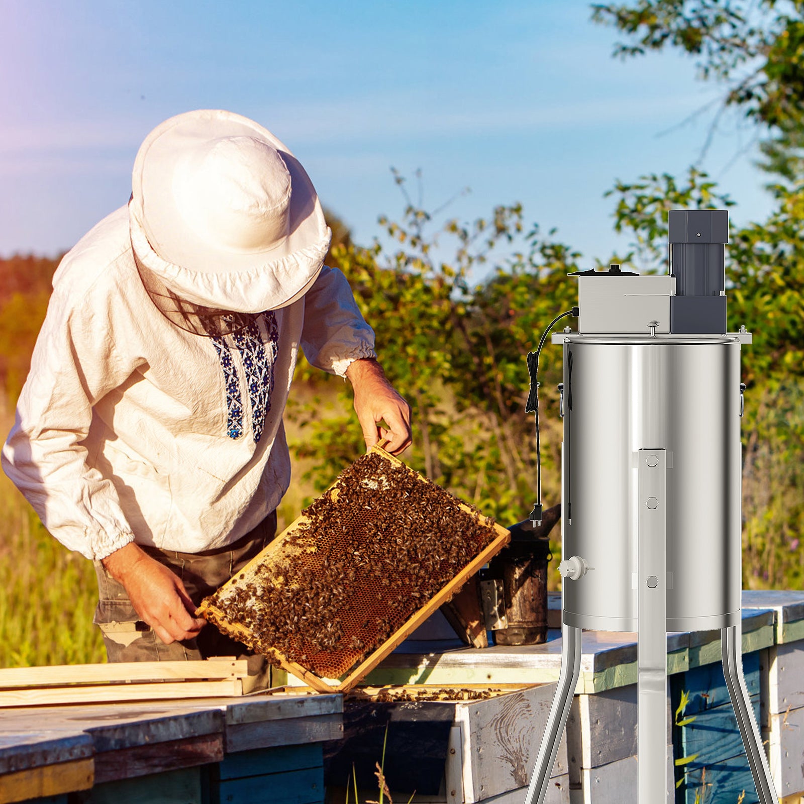 Garvee Upgraded 3 Frame Electric Honey Extractor with Side Handles, 140W Motor & Variable Speed 1300 RPM, Stainless Steel Beekeeping Equipment with Safety Auto-Stop Lid
