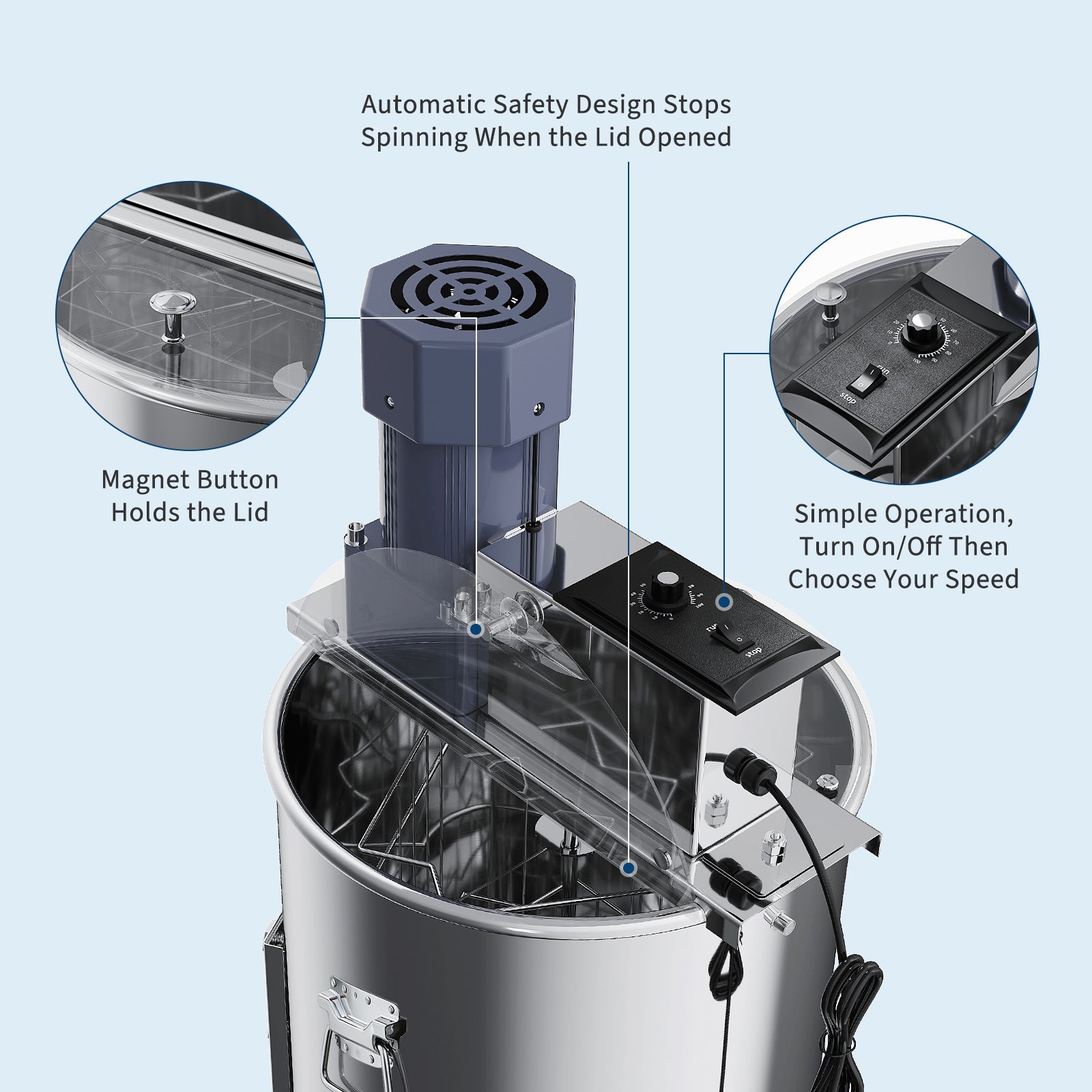 Garvee Upgraded 3 Frame Electric Honey Extractor with Side Handles, 140W Motor & Variable Speed 1300 RPM, Stainless Steel Beekeeping Equipment with Safety Auto-Stop Lid