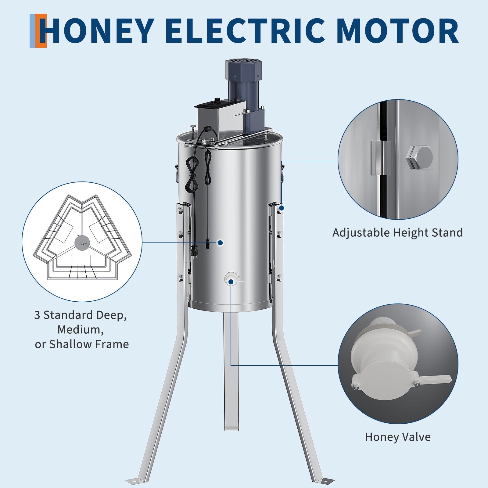 Garvee Upgraded 3 Frame Electric Honey Extractor with Side Handles, 140W Motor & Variable Speed 1300 RPM, Stainless Steel Beekeeping Equipment with Safety Auto-Stop Lid
