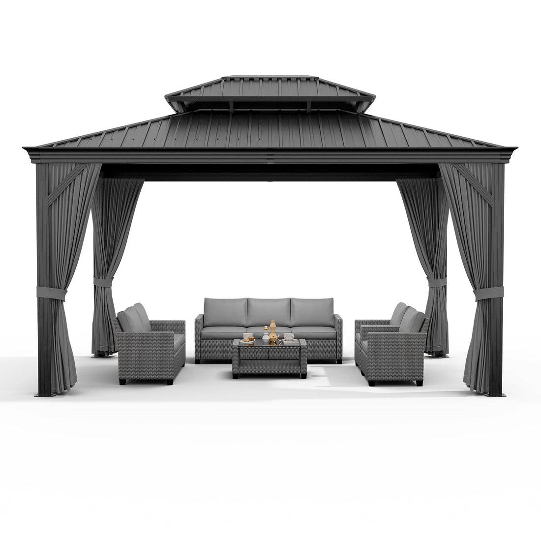 Garvee 12' x 18' Hardtop Gazebo, Double Roof Metal Gazebo with Curtains & Netting, Heavy-Duty Steel Frame Outdoor Pavilion for Patio, Deck, Backyard & Lawn, Gray