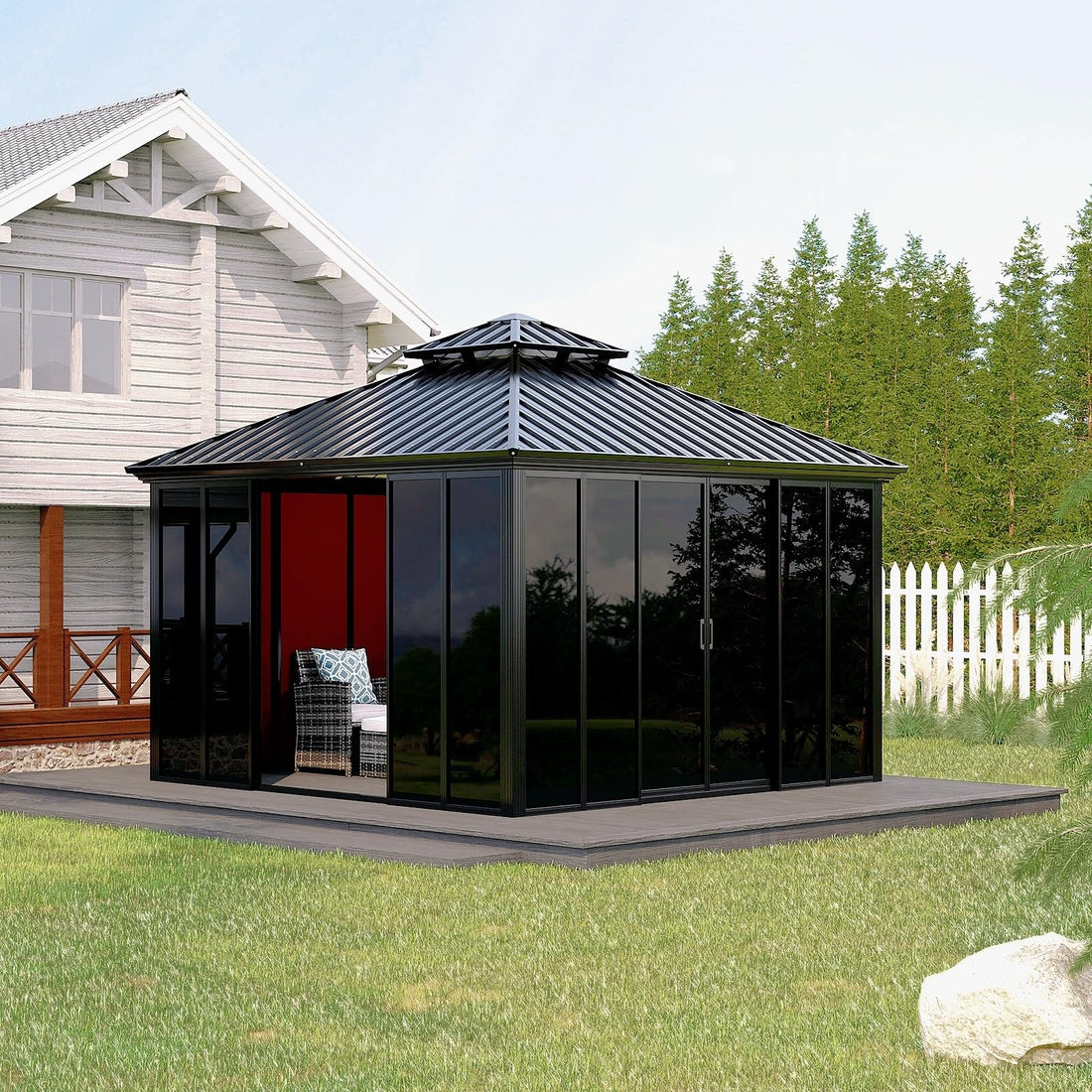 Garvee 12' x 12' Hardtop Gazebo Sunroom, Enclosed Gazebo with Sliding Doors & Screens, All-Aluminum Frame Outdoor Room for Patio, Backyard & Deck
