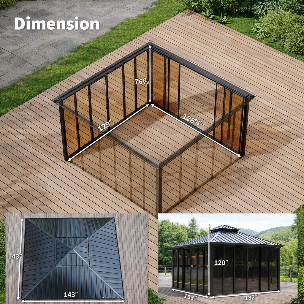 Garvee 12' x 12' Hardtop Gazebo Sunroom, Enclosed Gazebo with Sliding Doors & Screens, All-Aluminum Frame Outdoor Room for Patio, Backyard & Deck