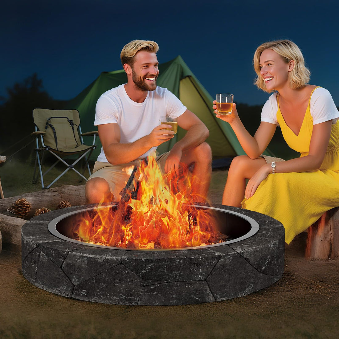 Garvee 48-Inch Smokeless Fire Pit Ring, Easy Install Iron Panels, Rust-Proof Painted Steel, Freestanding or In-Ground Use, Outdoor Camping