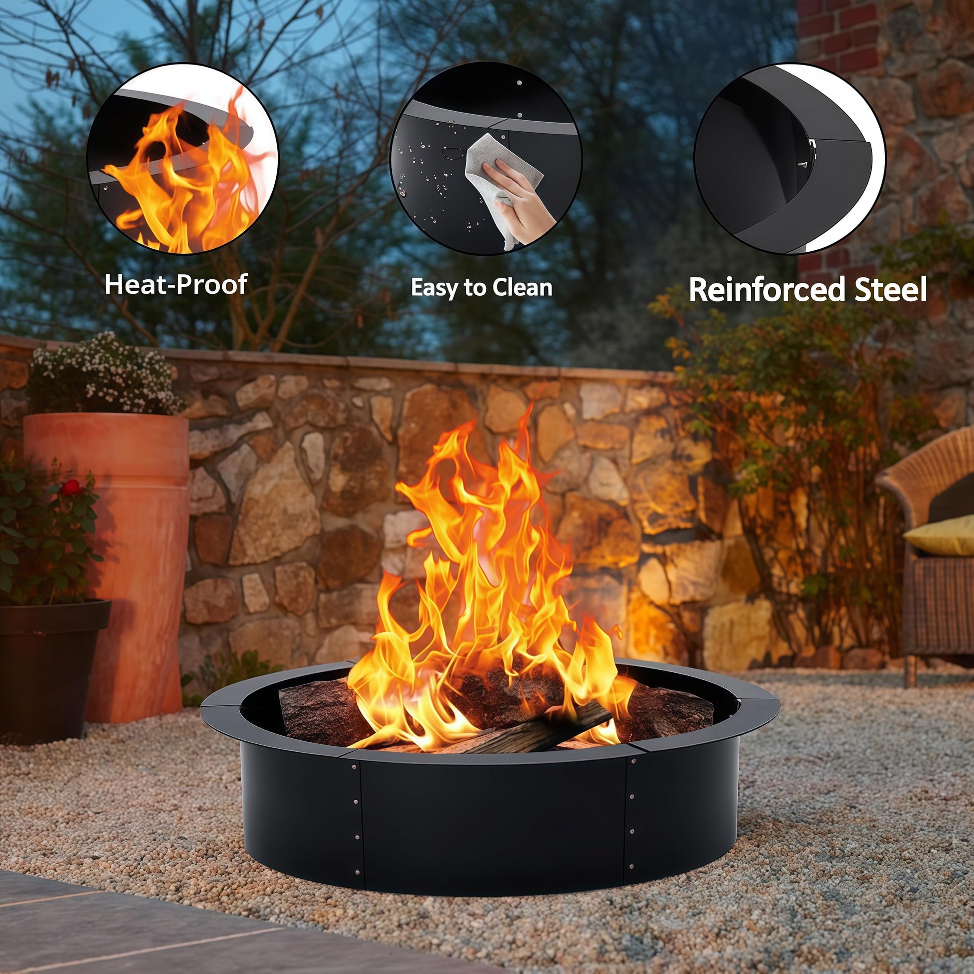 Garvee 48-Inch Smokeless Fire Pit Ring, Easy Install Iron Panels, Rust-Proof Painted Steel, Freestanding or In-Ground Use, Outdoor Camping