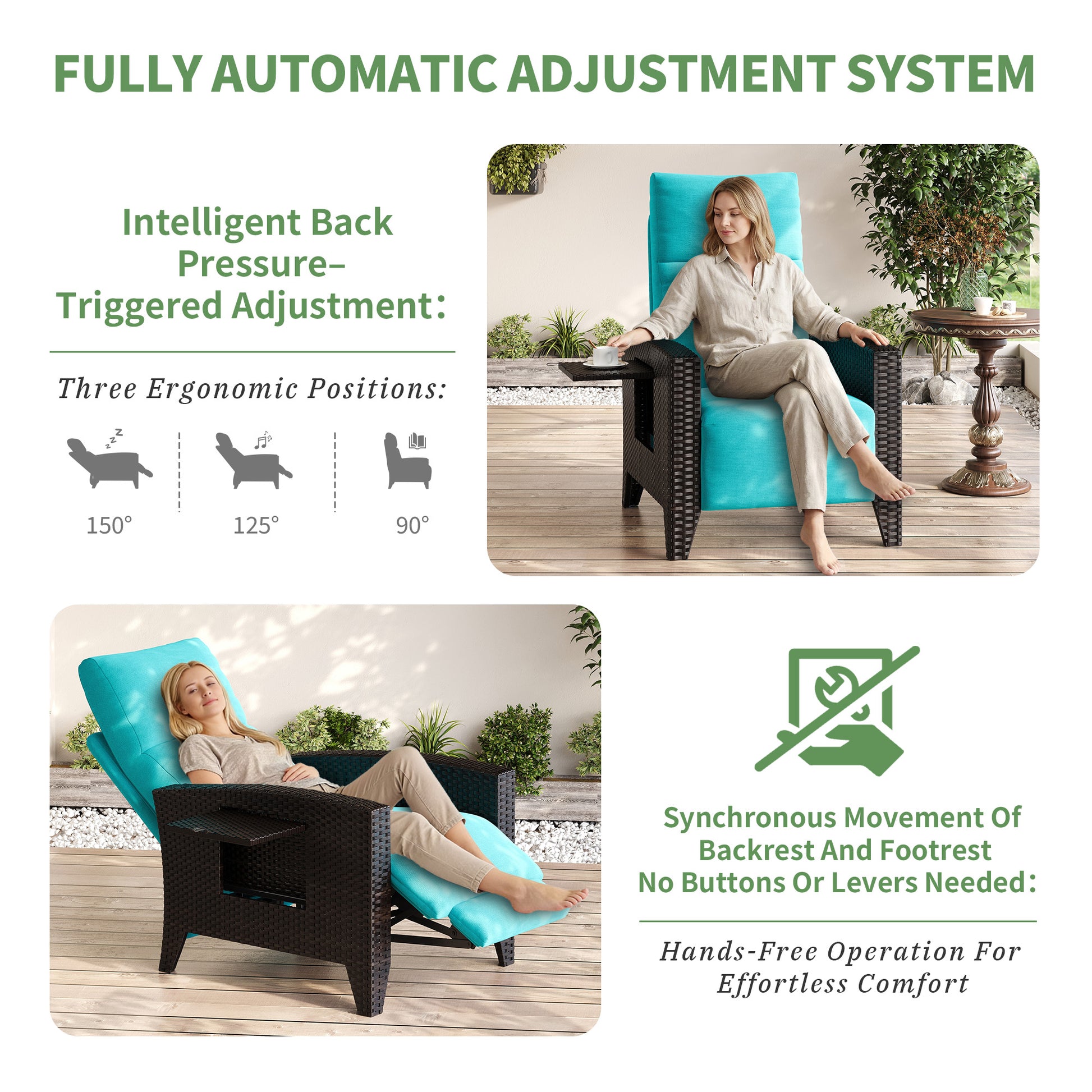 Garvee Black Rattan Outdoor Recliner Chair with 175° Backrest, Footrest, Flip-Up Table & Turquoise Cushion