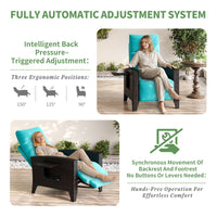 Garvee Black Rattan Outdoor Recliner Chair with 175° Backrest, Footrest, Flip-Up Table & Turquoise Cushion