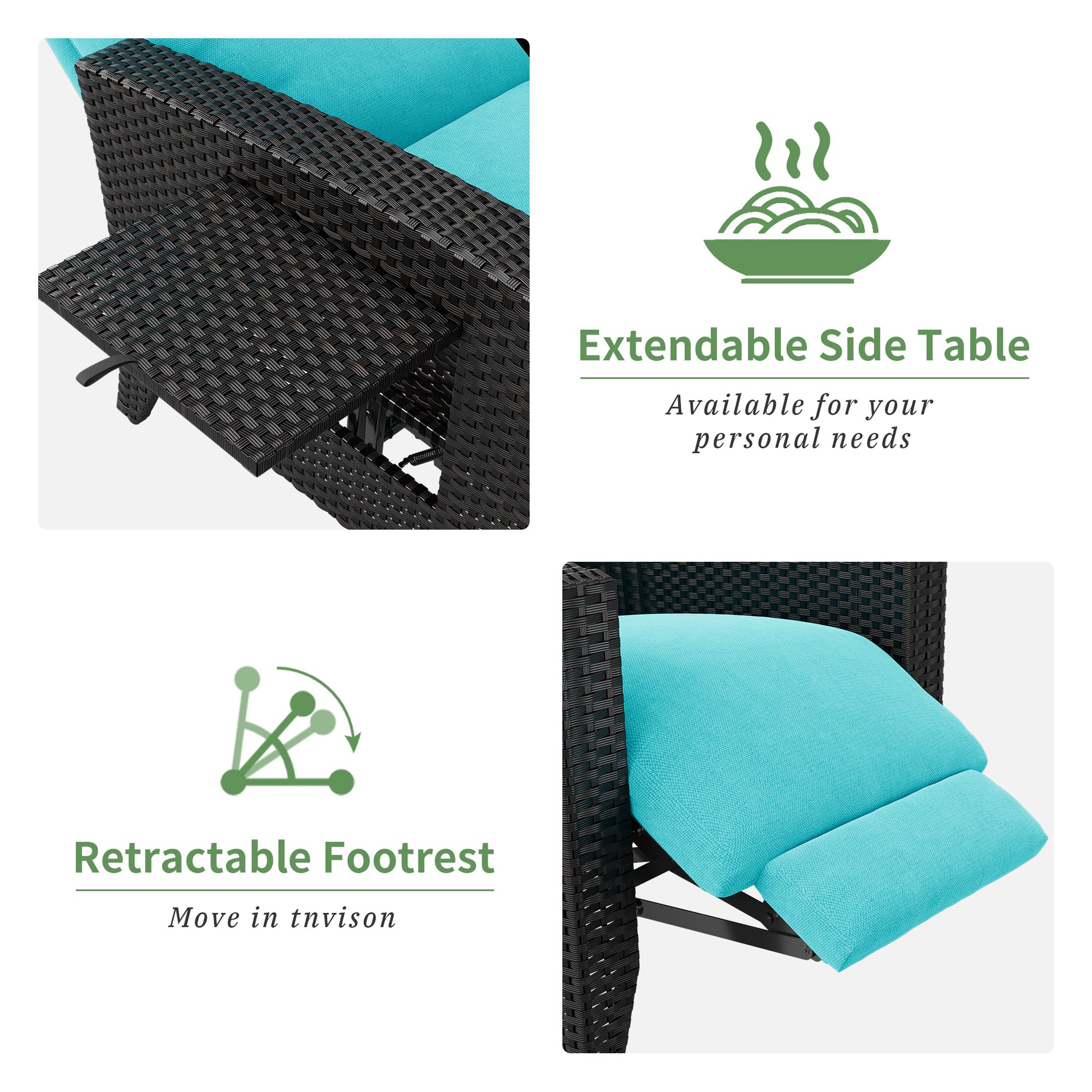 Garvee Black Rattan Outdoor Recliner Chair with 175° Backrest, Footrest, Flip-Up Table & Turquoise Cushion