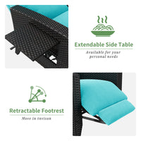 Garvee Black Rattan Outdoor Recliner Chair with 175° Backrest, Footrest, Flip-Up Table & Turquoise Cushion