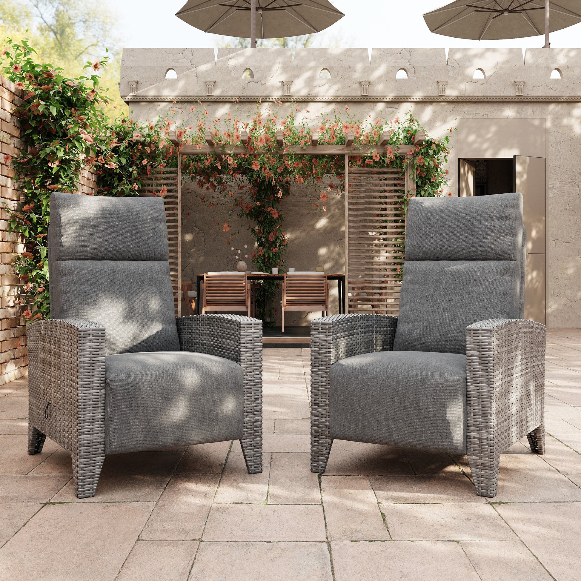 Garvee Gray Rattan Outdoor Recliner Chair with 175° Backrest, Footrest, Flip-Up Table & Light Gray Cushion
