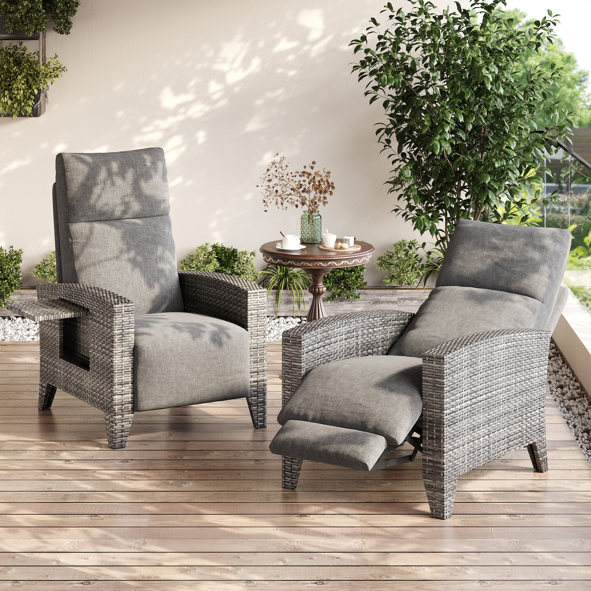 Garvee Gray Rattan Outdoor Recliner Chair with 175° Backrest, Footrest, Flip-Up Table & Light Gray Cushion