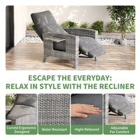Garvee Gray Rattan Outdoor Recliner Chair with 175° Backrest, Footrest, Flip-Up Table & Light Gray Cushion