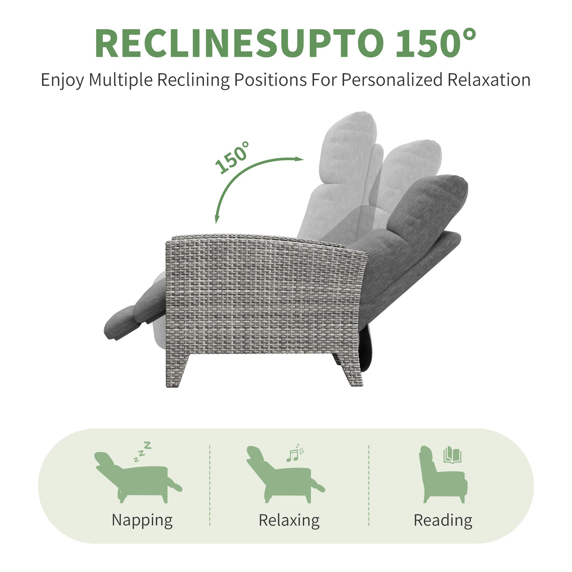Garvee Gray Rattan Outdoor Recliner Chair with 175° Backrest, Footrest, Flip-Up Table & Light Gray Cushion