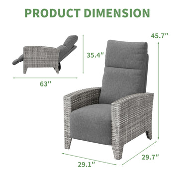 Garvee Gray Rattan Outdoor Recliner Chair with 175° Backrest, Footrest, Flip-Up Table & Light Gray Cushion