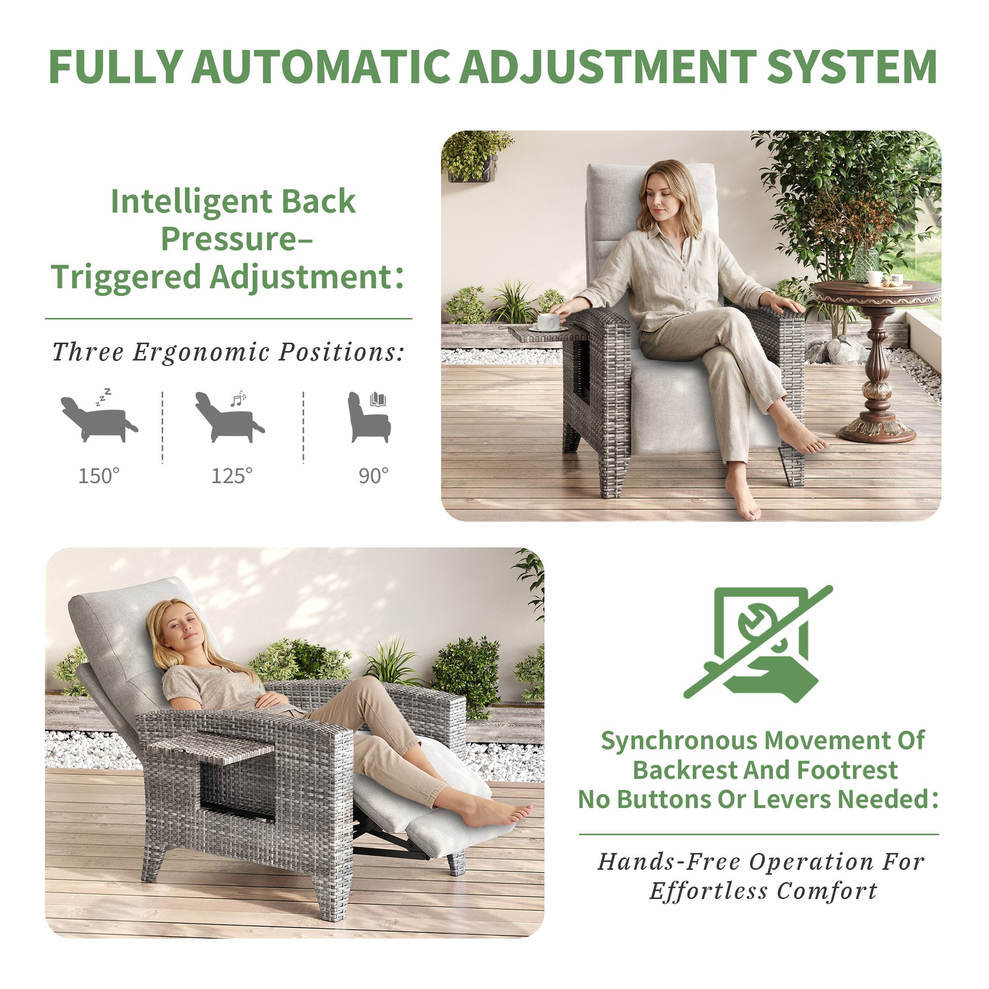 Garvee Outdoor Patio Recliner Chair, 175° Adjustable Wicker Lounge Chair with Footrest, Flip-Up Side Table & Removable Cushion for Porch, Deck, Poolside, Light Gray