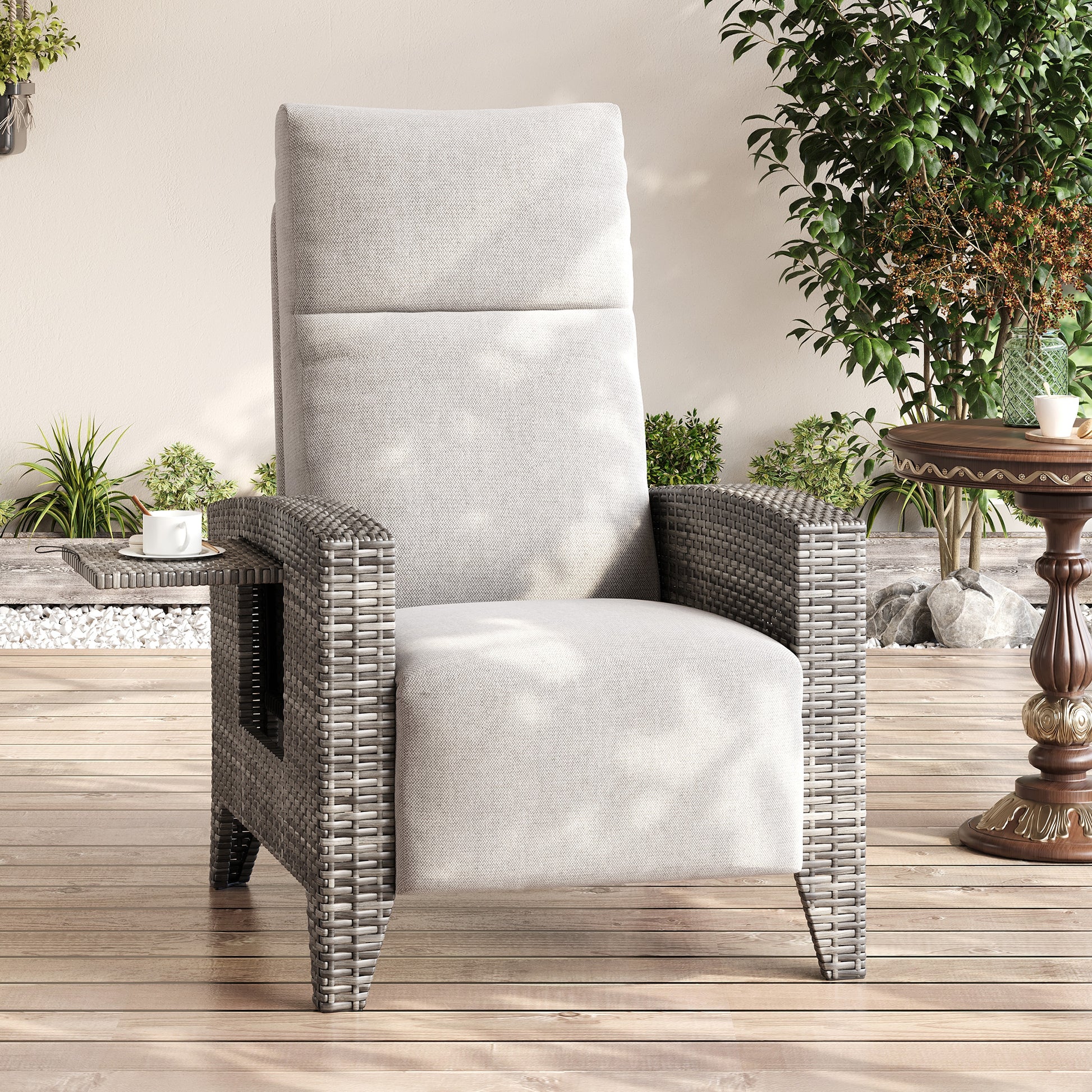 Garvee Outdoor Patio Recliner Chair, 175° Adjustable Wicker Lounge Chair with Footrest, Flip-Up Side Table & Removable Cushion for Porch, Deck, Poolside, Light Gray