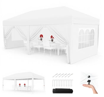 Garvee Pop-Up Gazebo Canopy, 3 x 6 M Steel Frame with UV 50+ Waterproof Roof, 6 Sidewalls, 3 Height Settings and 4 Weight Bags, White