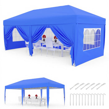 Garvee Heavy-Duty Pop Up Canopy Tent - 10x20ft Waterproof 420D Oxford, UV50+ Protection - 6 Removable Sidewalls, 3 Adjustable Heights - Steel Frame Event Shelter w/ Carry Bag, Weight Bags, Stakes & Guy Ropes - Color: Blue