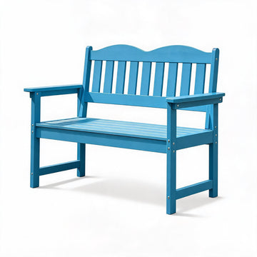 Garvee 2-Person Poly Lumber Outdoor Patio Bench, Weather-Resistant Garden Bench with Curved Backrest, Slatted Seat & Wide Armrests, Blue