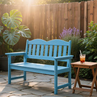 Garvee 2-Person Poly Lumber Outdoor Patio Bench, Weather-Resistant Garden Bench with Curved Backrest, Slatted Seat & Wide Armrests, Blue