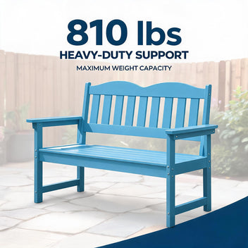 Garvee 2-Person Poly Lumber Outdoor Patio Bench, Weather-Resistant Garden Bench with Curved Backrest, Slatted Seat & Wide Armrests, Blue