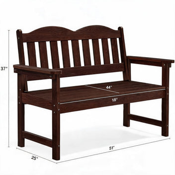 Garvee Outdoor Poly Lumber Patio Bench, 2-Person Weather-Resistant Garden Bench with Curved Backrest, Slatted Seat & Wide Armrests, Light Brown