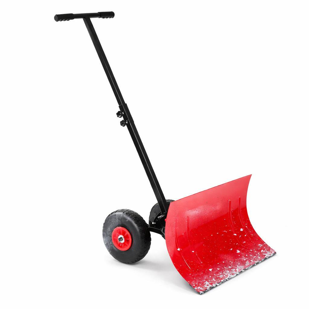 Garvee 29.1"x16.5" Snow Shovel With Wheels Heavy Duty Steel Blade Adjustable Angle & Height Handle Plastic Base 9" Rubber Wheels Driveway Pavement