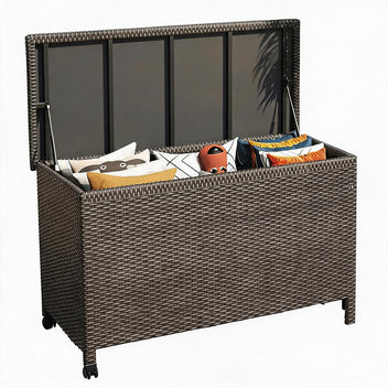Garvee 185 Gallon Outdoor Wicker Storage Box, Waterproof PE Rattan Deck Box with Gas Strut Lid, Wheels & Side Handles, Patio Storage Bench for Cushions, Garden Tools & Pool Supplies, Brown