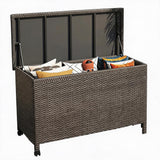 Garvee 185 Gallon Outdoor Wicker Storage Box, Waterproof PE Rattan Deck Box with Gas Strut Lid, Wheels & Side Handles, Patio Storage Bench for Cushions, Garden Tools & Pool Supplies, Brown
