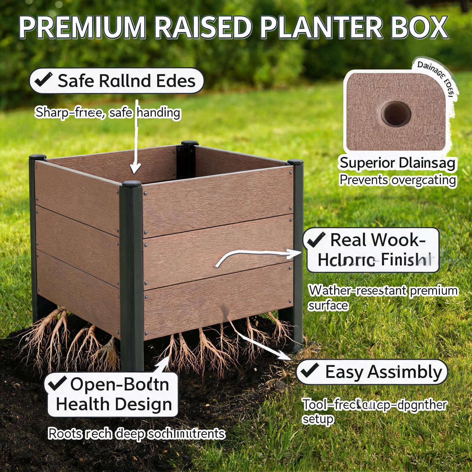 Garvee 25" × 25" × 23" Wood-Look Composite Raised Garden Bed, Planter Box with Bottom Panel & Drainage, Brown