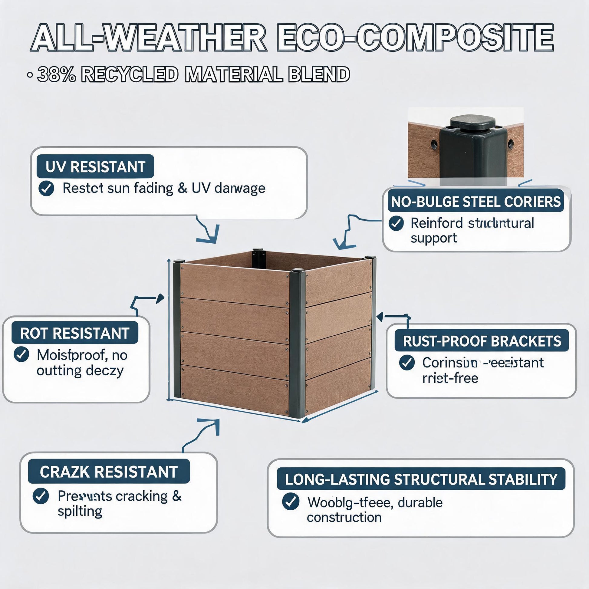 Garvee 25" × 25" × 23" Wood-Look Composite Raised Garden Bed, Planter Box with Bottom Panel & Drainage, Brown