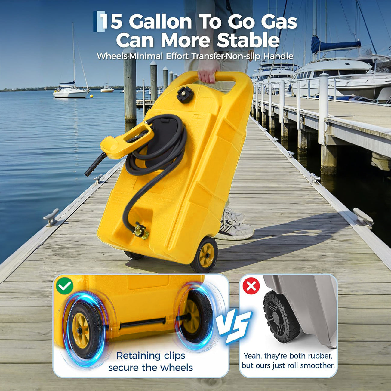 Yellow portable fuel caddy rolling beside a dock with wheel and handle details