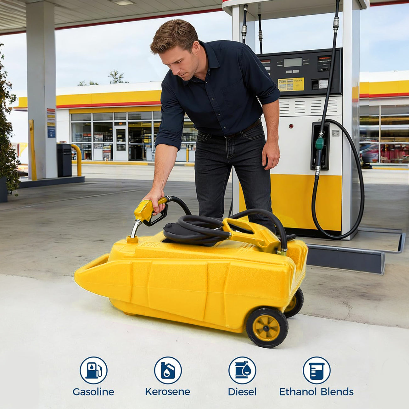 Yellow portable fuel caddy being filled for gasoline kerosene diesel and ethanol blends
