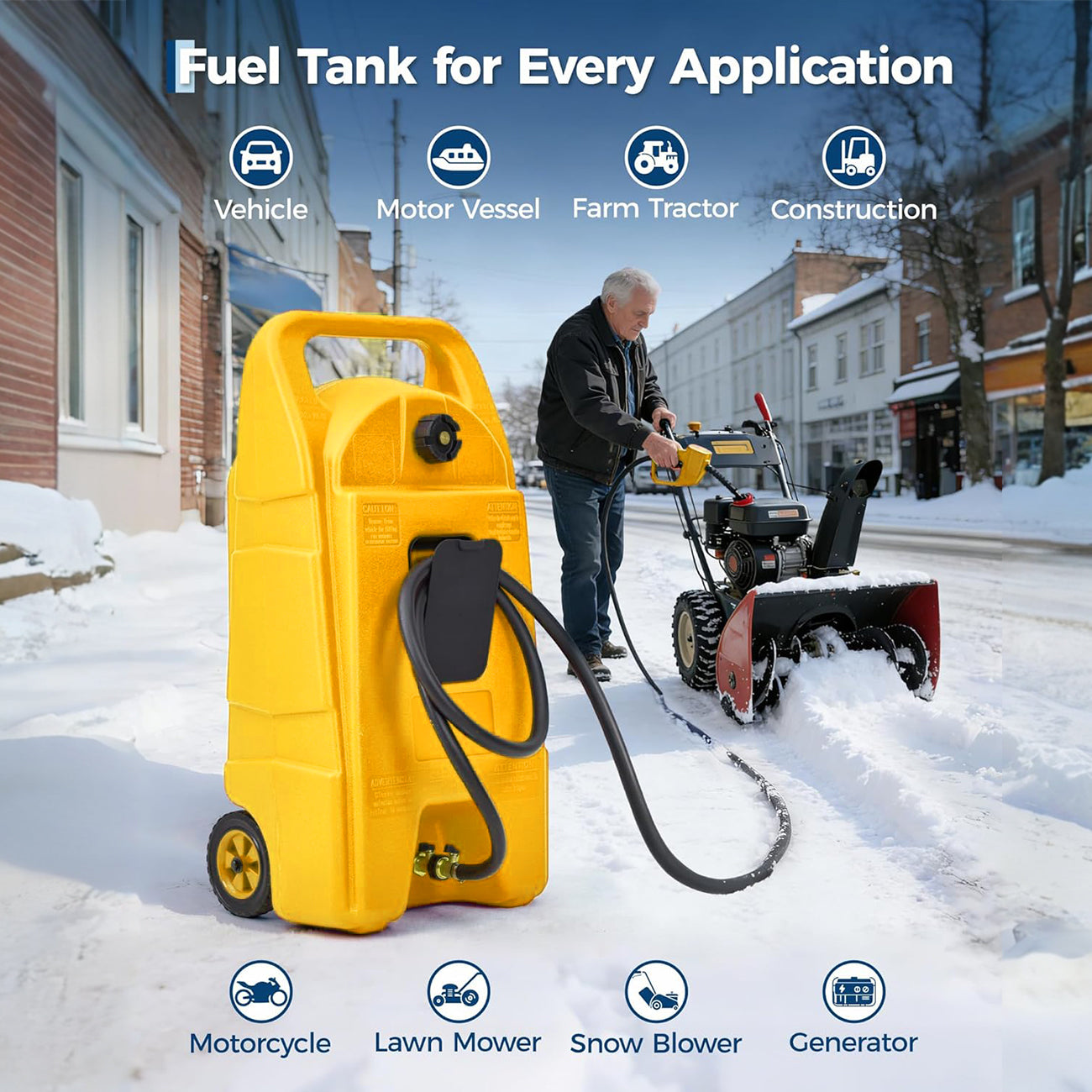 Yellow portable fuel caddy refueling a snow blower with multiple equipment applications