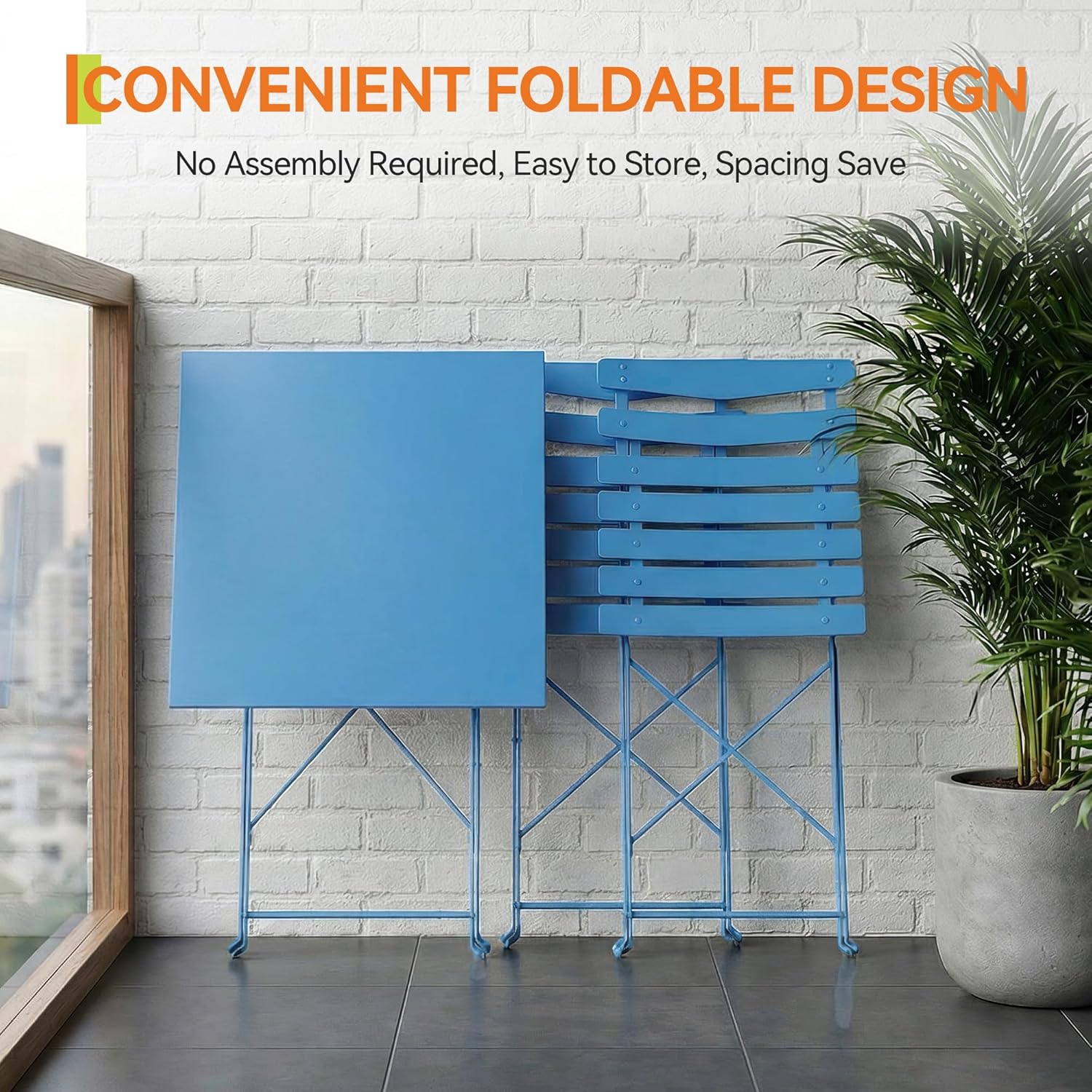 Garvee 3-Piece Folding Patio Bistro Set, Space-Saving Metal Table & 2 Chairs, Weather-Resistant, No Assembly, for Balcony, Garden & Outdoor – Blue