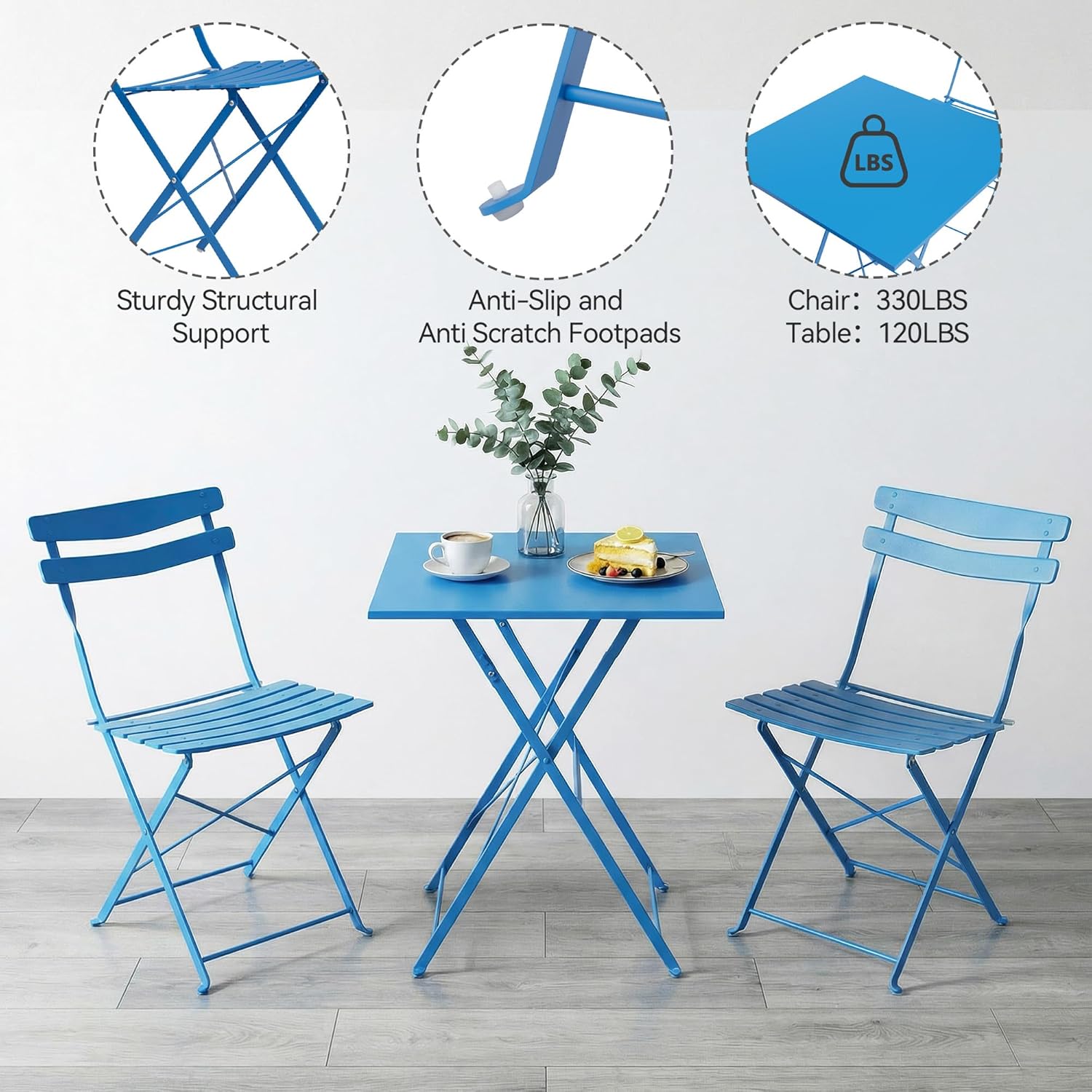 Garvee 3-Piece Folding Patio Bistro Set, Space-Saving Metal Table & 2 Chairs, Weather-Resistant, No Assembly, for Balcony, Garden & Outdoor – Blue