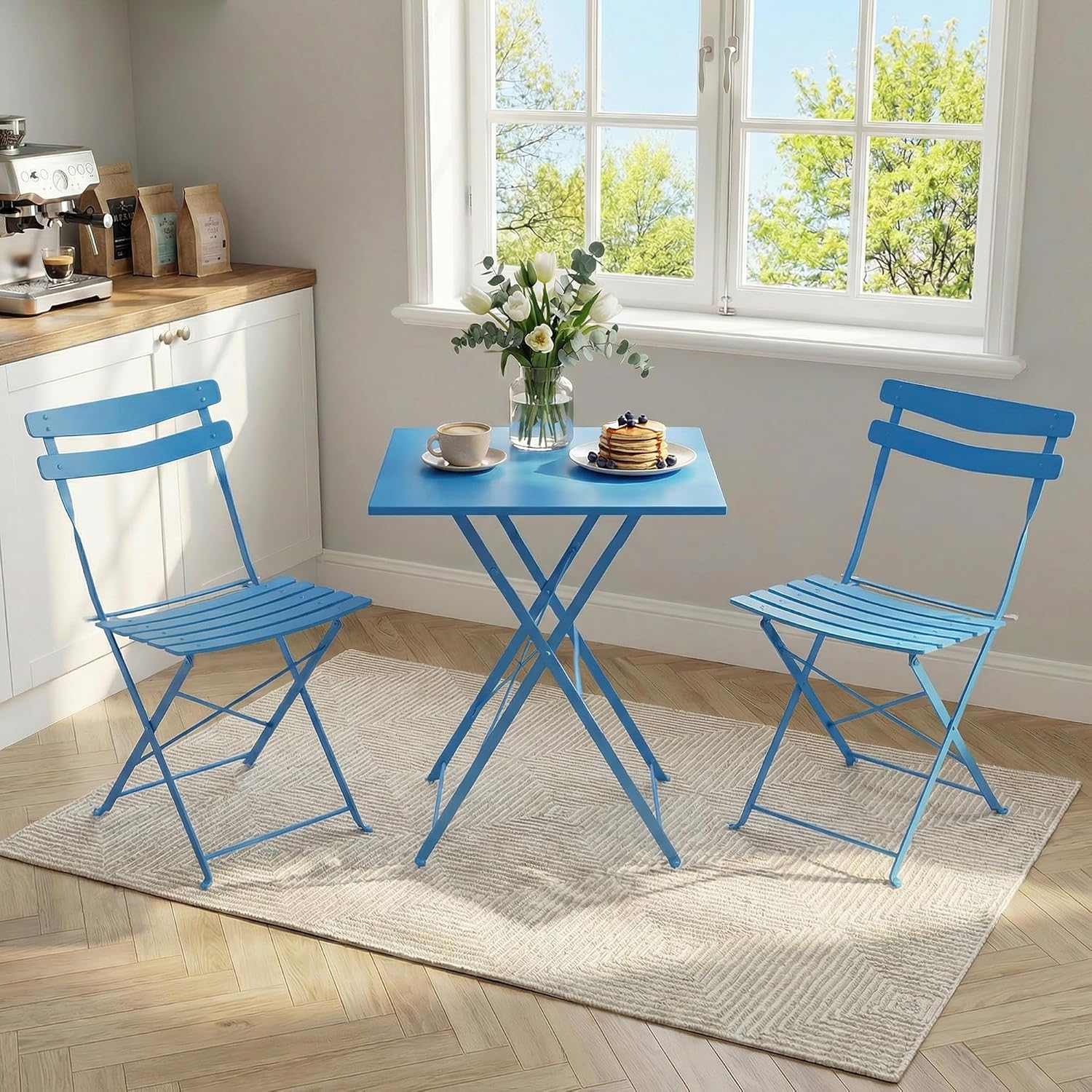 Garvee 3-Piece Folding Patio Bistro Set, Space-Saving Metal Table & 2 Chairs, Weather-Resistant, No Assembly, for Balcony, Garden & Outdoor – Blue