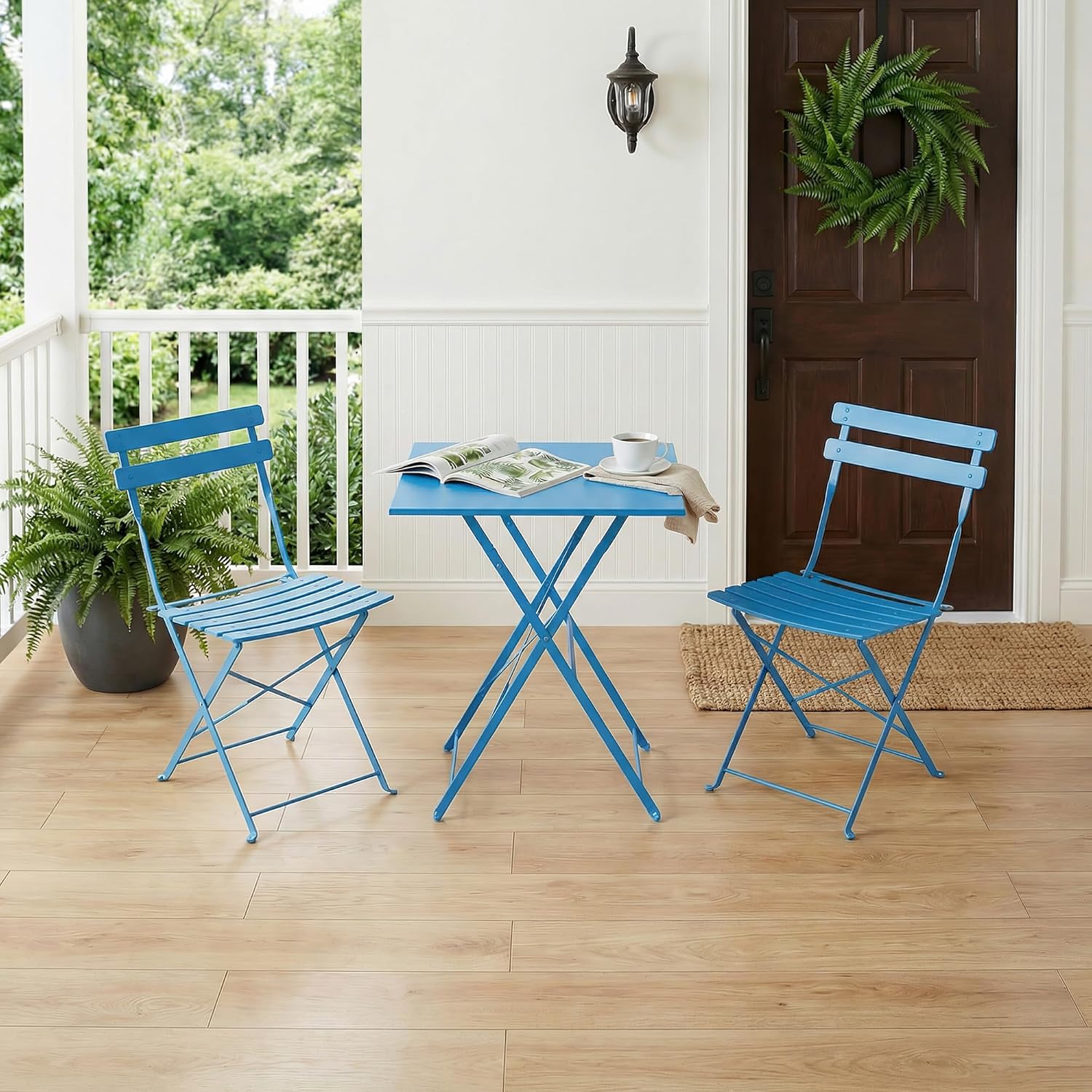 Garvee 3-Piece Folding Patio Bistro Set, Space-Saving Metal Table & 2 Chairs, Weather-Resistant, No Assembly, for Balcony, Garden & Outdoor – Blue