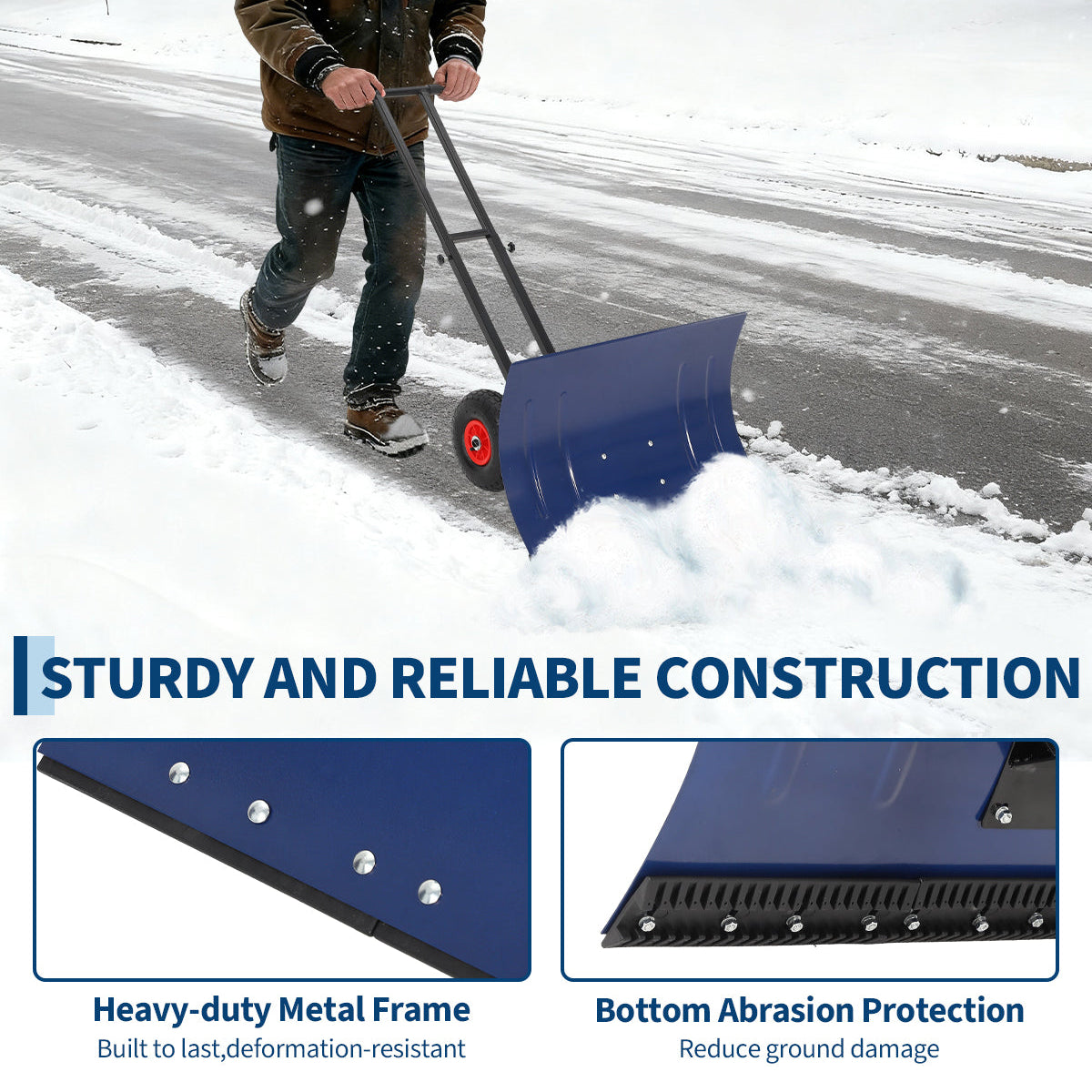 Garvee 29"W X 20"H Metal Snow Shovel for Driveway, Large Ergonomic Snow Pusher Shovel with Wheels & Adjustable Angle Blade, Perfect for Doorway, Sidewalk & Garden, Navy Blue