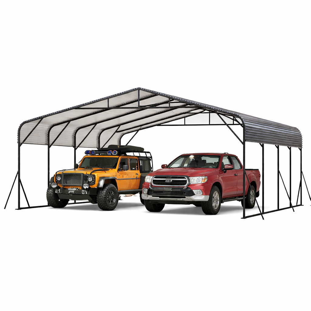 Garvee Heavy Duty 20x20 FT Metal Carport with Reinforced Base and Galvanized Steel Roof - Outdoor Weatherproof Garage Shelter Canopy for SUV, Truck, Boats - Grey