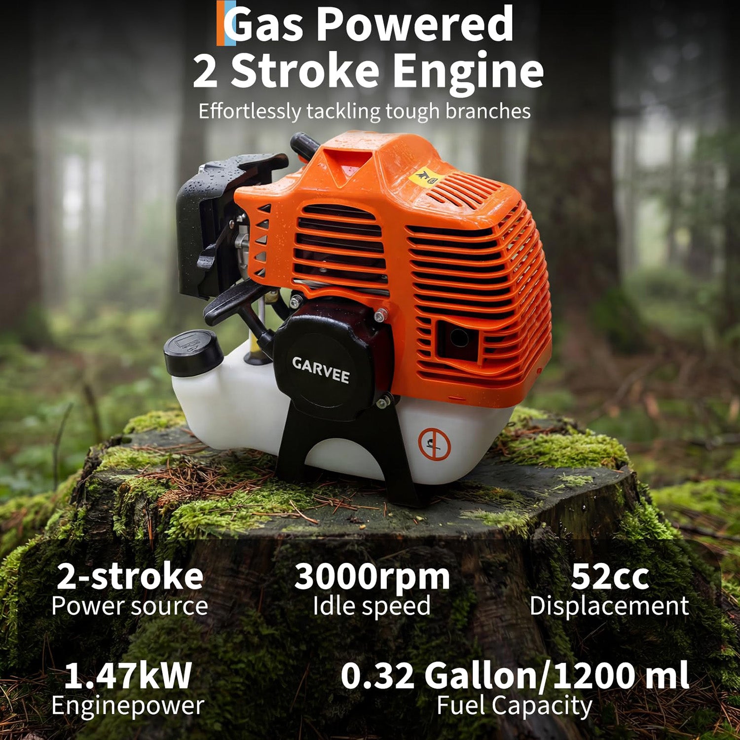 Garvee 52cc Gas Pole Saw, 12" Bar 2-Stroke Tree Pruner with 9.5 ft Extendable Reach, Anti-Vibration Handle, Auto Oiler, Aluminum Shaft for Tree Trimming