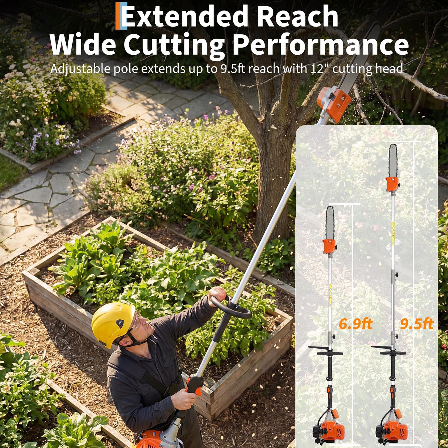 Garvee 52cc Gas Pole Saw, 12" Bar 2-Stroke Tree Pruner with 9.5 ft Extendable Reach, Anti-Vibration Handle, Auto Oiler, Aluminum Shaft for Tree Trimming